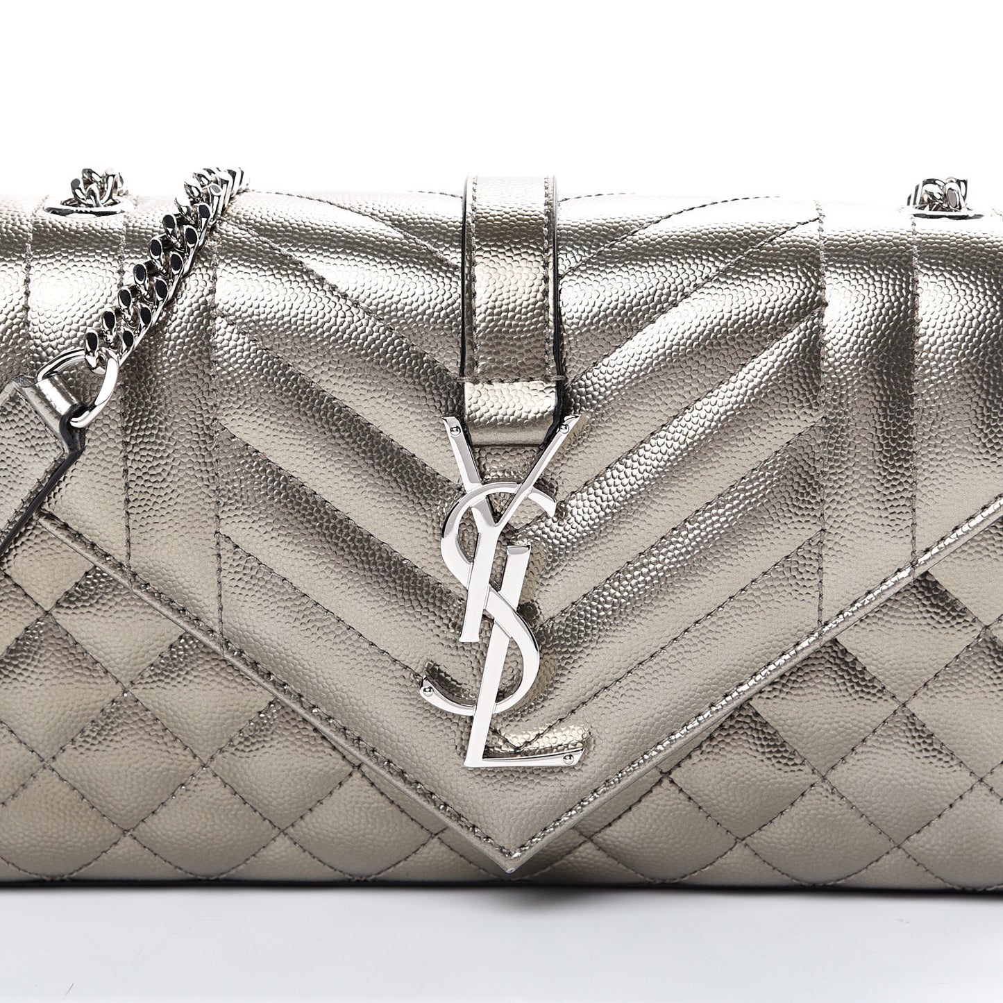 Metallic Grain De Poudre Textured Mixed Matelasse Triquilt Small Monogram Satchel Piombo