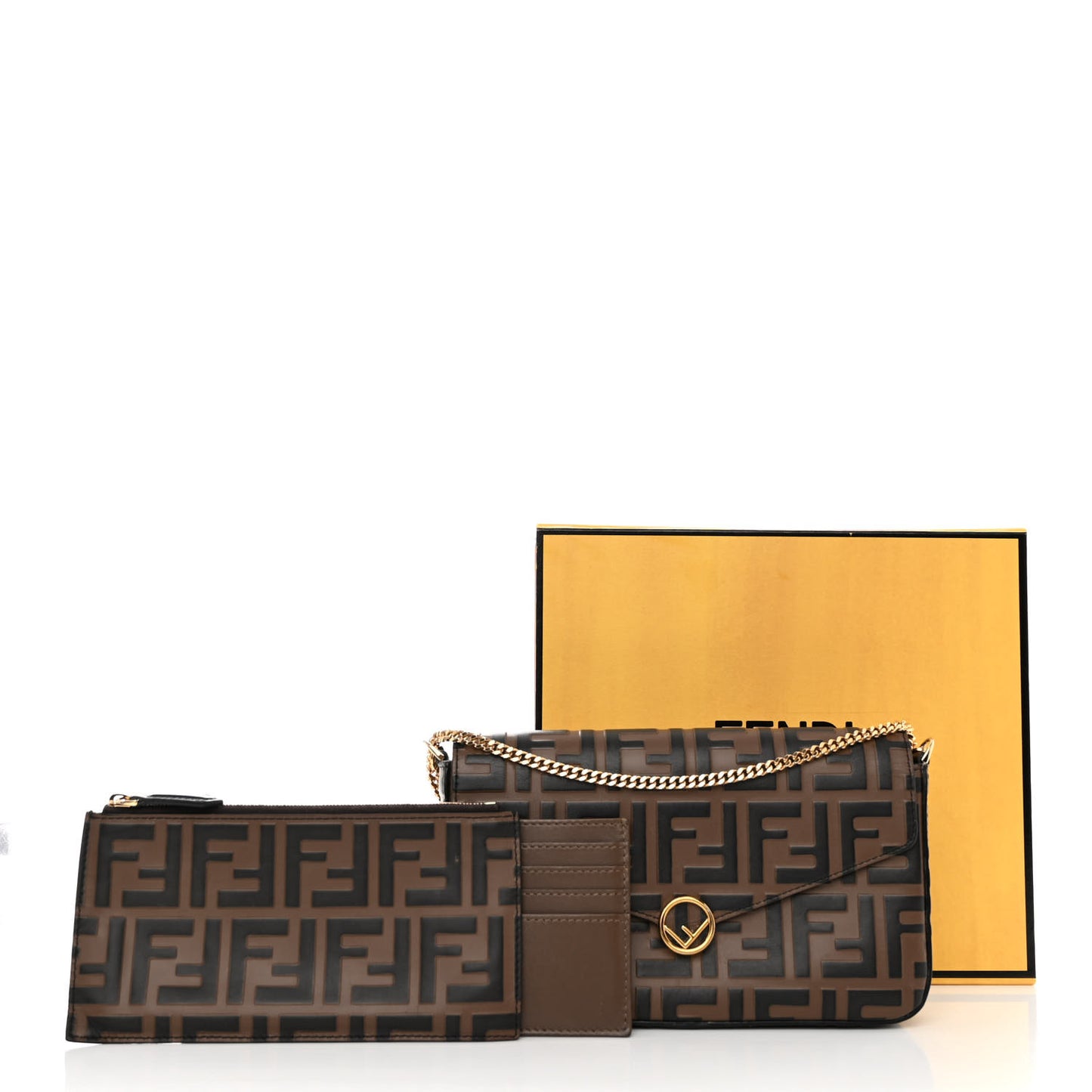 Vitello Soft F is Fendi Bi-Color FF 1974 Embossed Envelope Wallet On Chain with Pouches Maya Black