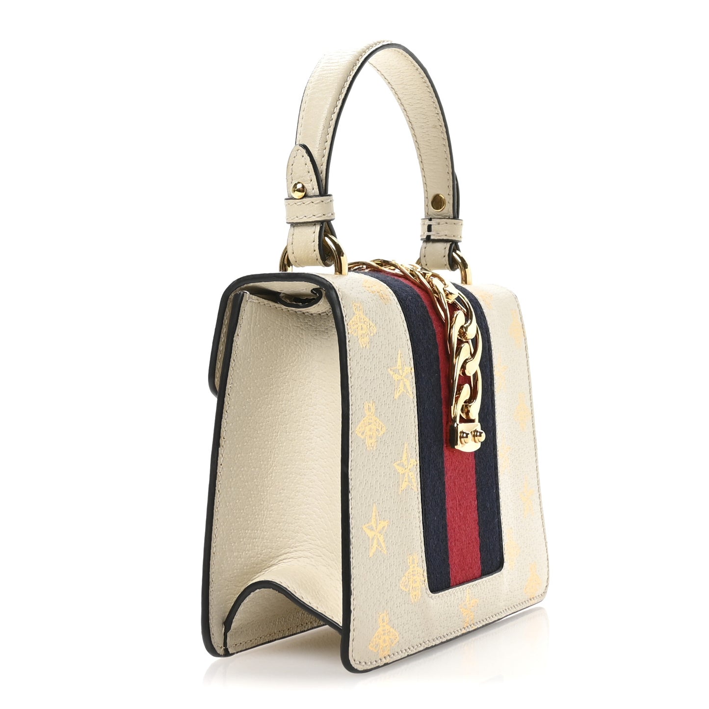 Textured Calfskin Bee Star Print Mini Sylvie Top Handle Bag Mystic White