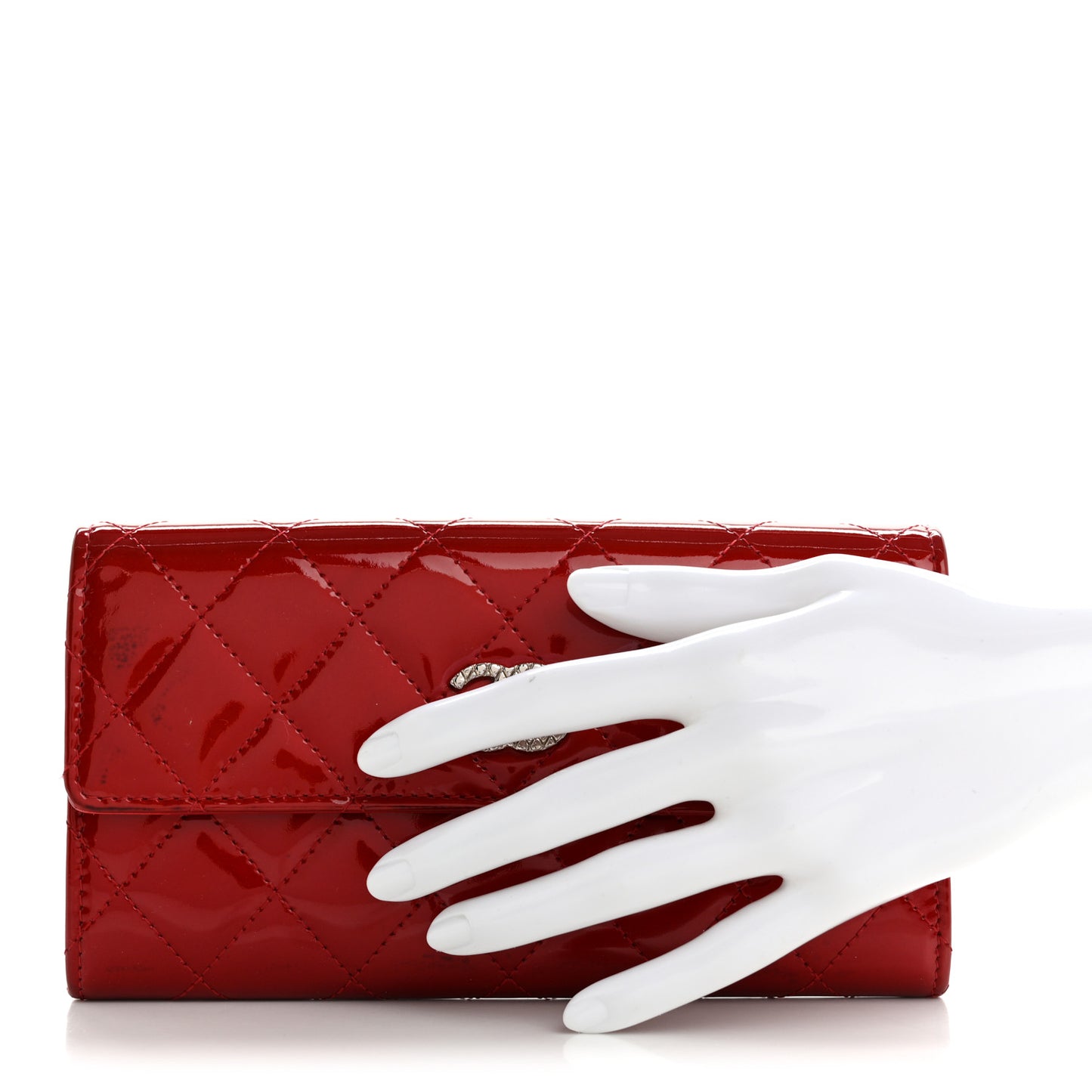 Patent Calfskin Quilted Large Brilliant Flap Wallet Dark Red
