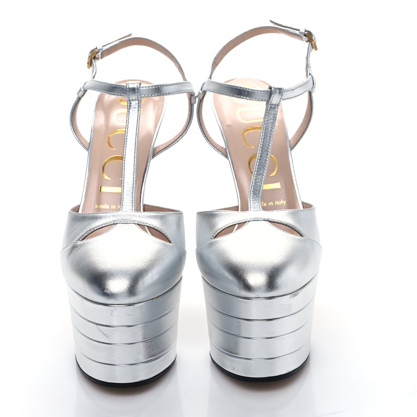 Metallic Nappa T Strap Platform Pumps 38 Argento