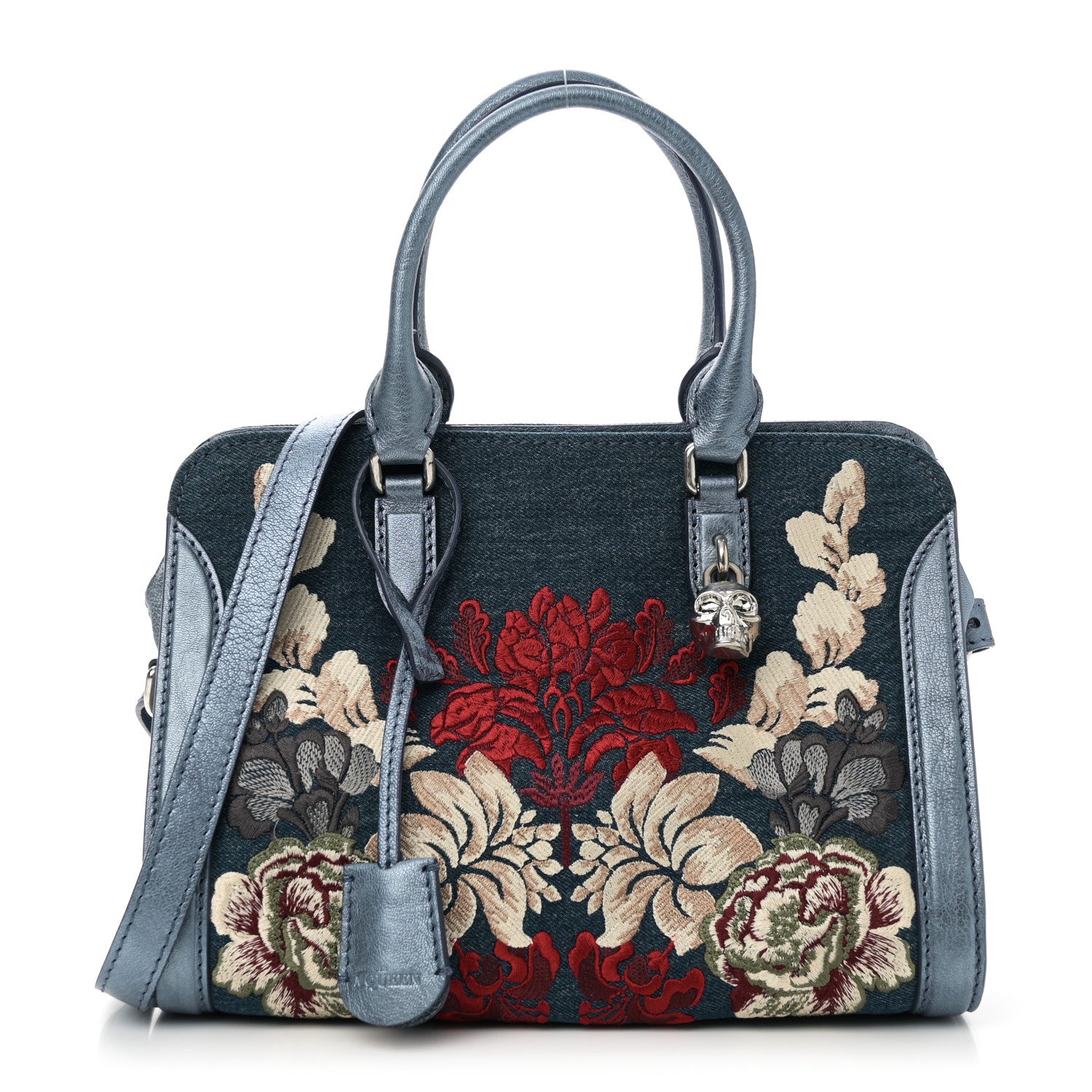 Alexander McQueen Denim Floral Embroidered Small Skull Padlock Zip