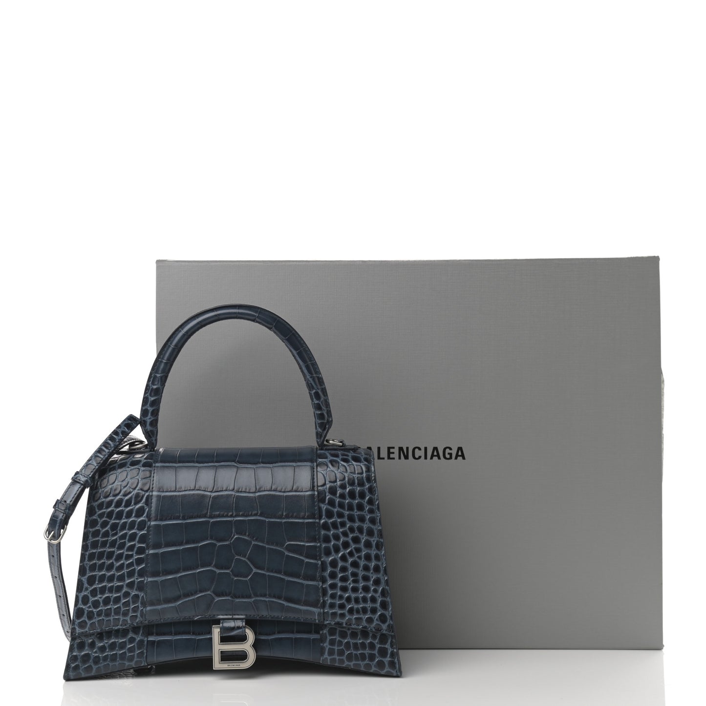 Shiny Calfskin Crocodile Embossed Medium Hourglass Top Handle Bag Denim Blue