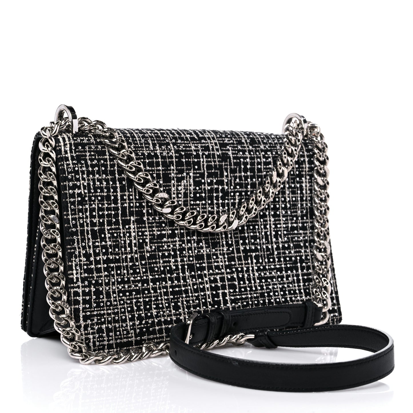 Tweed Embellished Diorama Flap Bag Black White