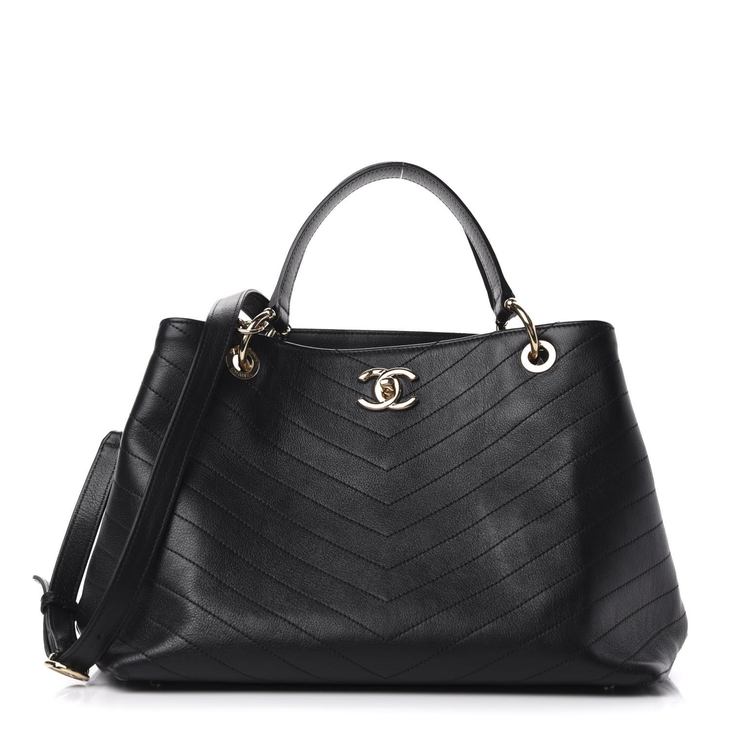 Calfskin Stitched Large Chevron Chic Shopping Bag Black