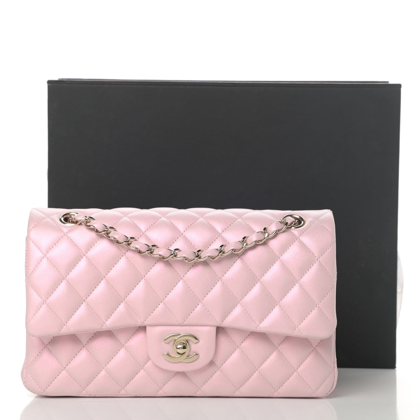 Iridescent Calfskin Quilted Medium Double Flap Light Pink