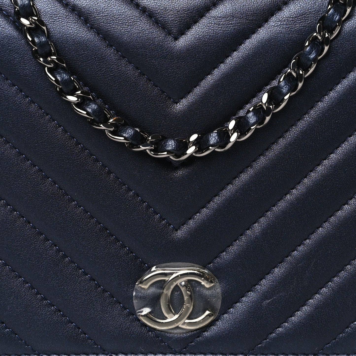 Lambskin Chevron Quilted Studded Wallet On Chain WOC Navy