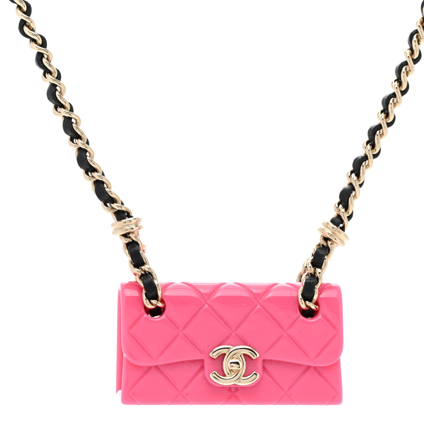 Metal Resin Calfskin Quilted CC Turnlock Chain Bag Necklace Gold Pink