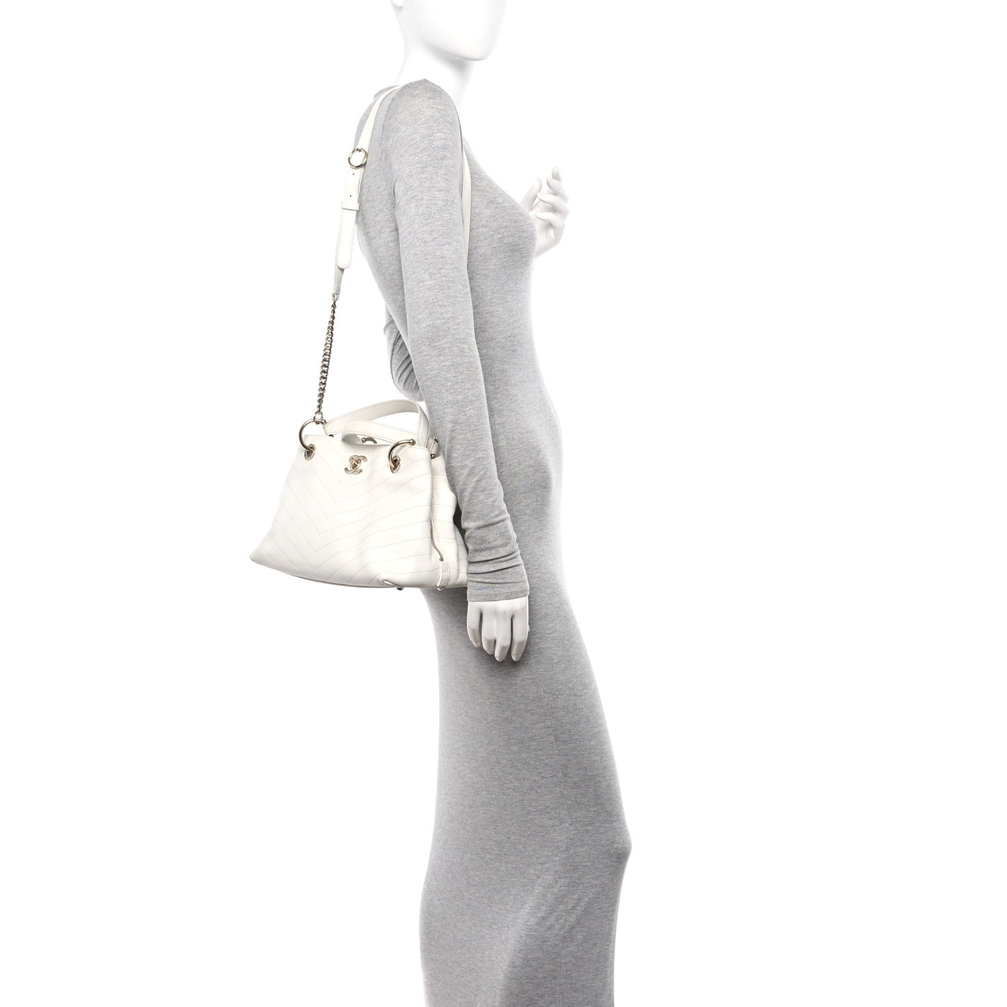 Calfskin Stitched Large Chevron Chic Shopping Bag White