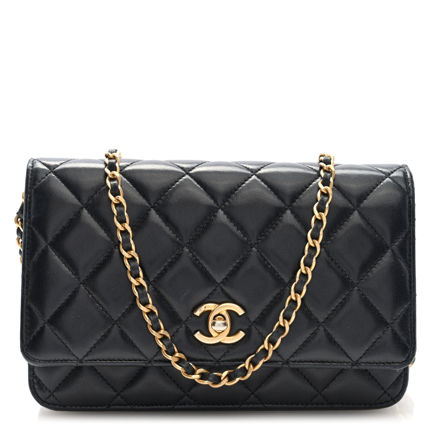 Chanel Lambskin Quilted CC Pearl Crush Wallet on Chain WOC Black
