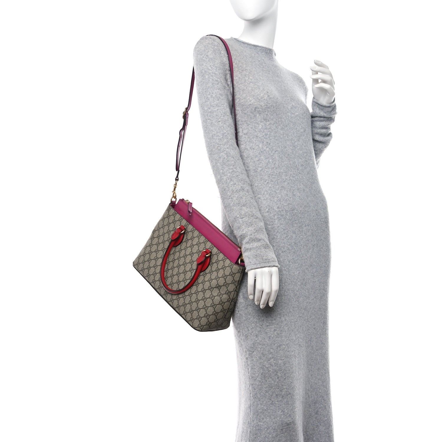 Gucci GG Supreme Monogram Moon Calfskin Small Zip Top Tote Beige Ebony Hibiscus Red New Rosette 2 of 15