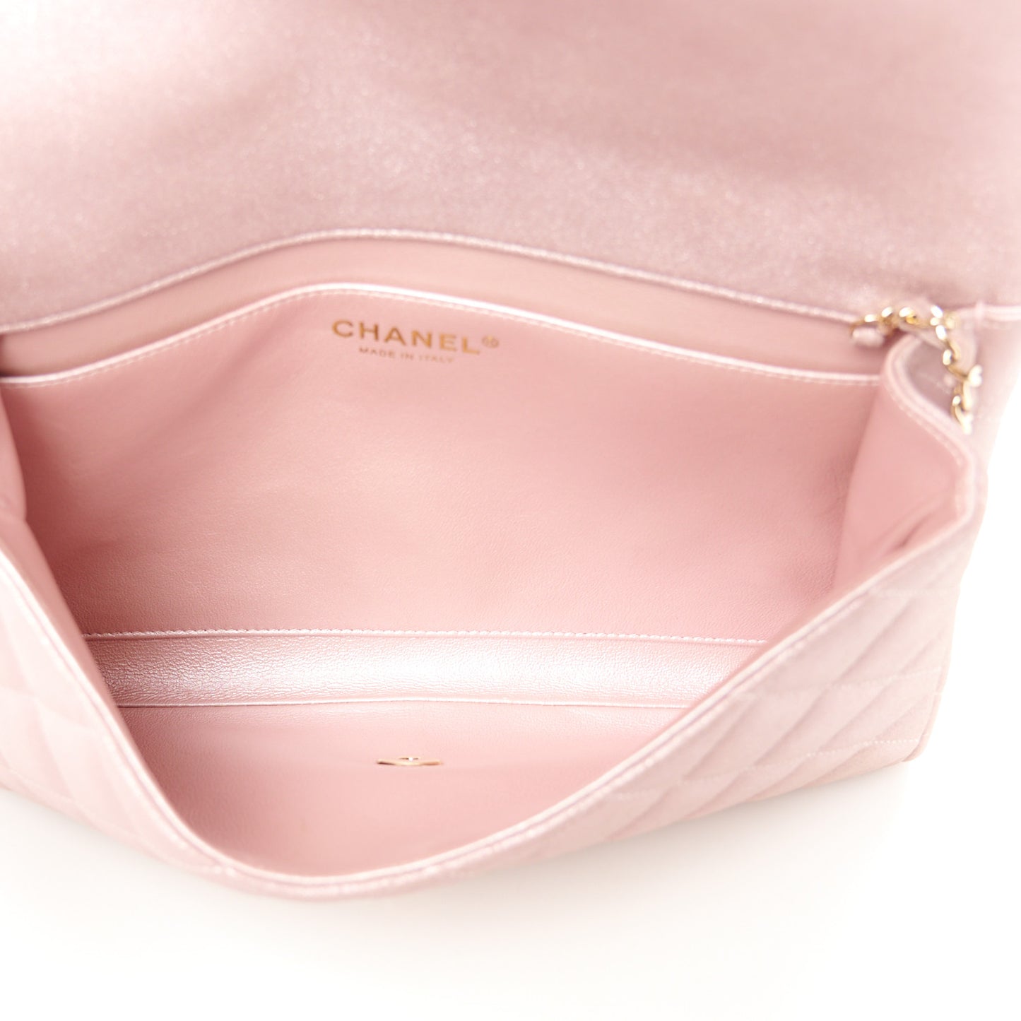 Iridescent Calfskin Quilted Clutch With Chain Flap Pink