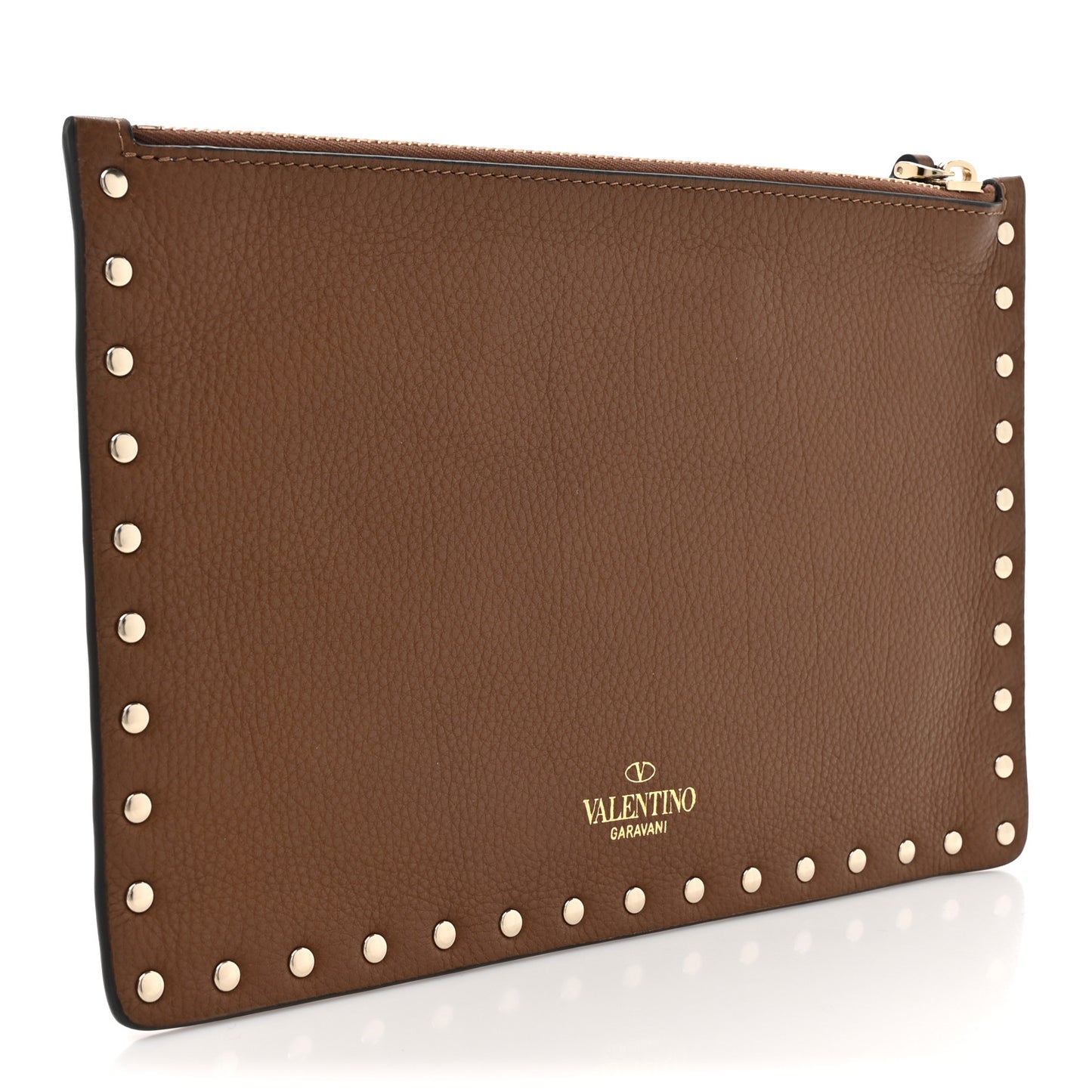 Grained Calfskin Medium Rockstud Zip Pouch Deep Cuir