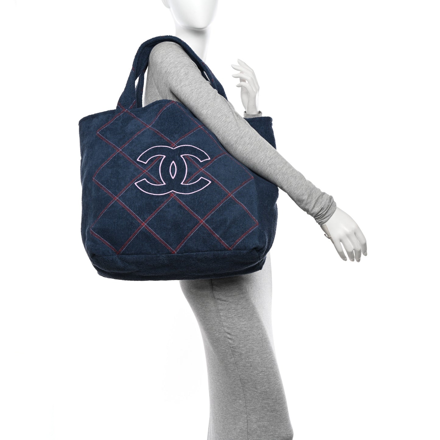 Terry Cotton Quilted CC Beach Tote Towel Set Blue Pink