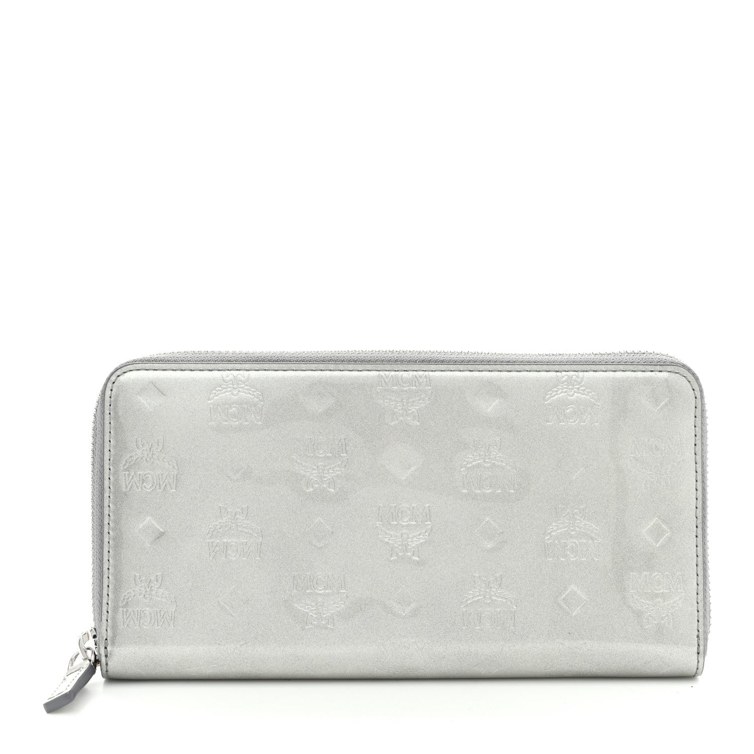 MCM Metallic Monogram Patent Large Zip Around Wallet Silver