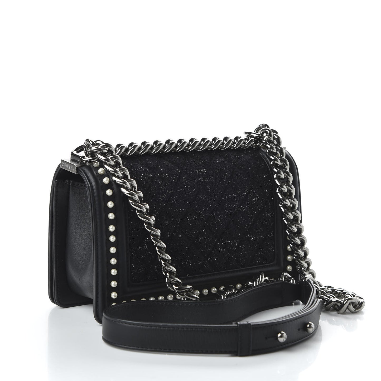 Calfskin Pearl Tweed Small Boy Flap Black