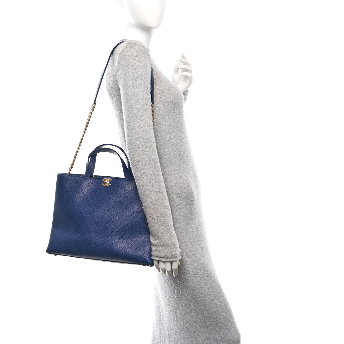 Caviar Stitched Large Shopping Tote Bag Blue