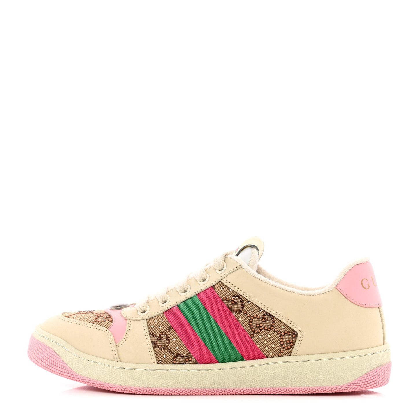 Calfskin GG Supreme Crystals Web Screener Sneakers 37.5 Beige Ebony Wild Rose