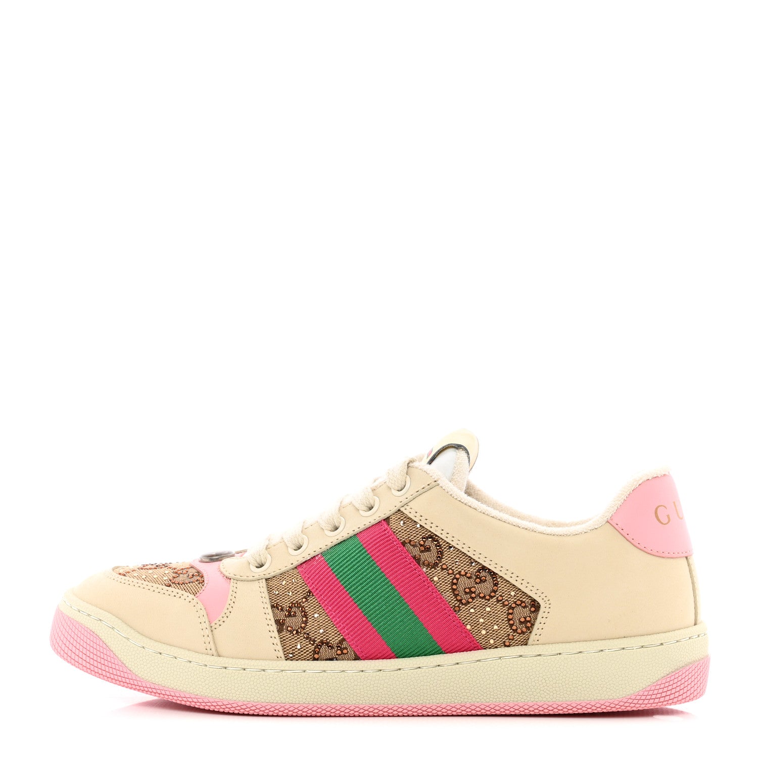 Gucci Calfskin GG Supreme Crystals Web Screener Sneakers 37.5 Beige Ebony Wild Rose 1 of 9