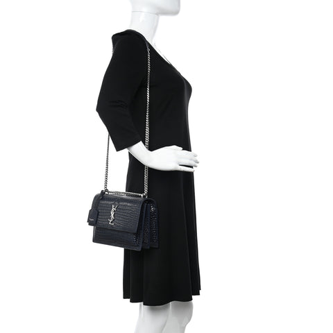 Calfskin Crocodile Embossed Medium Monogram Sunset Navy