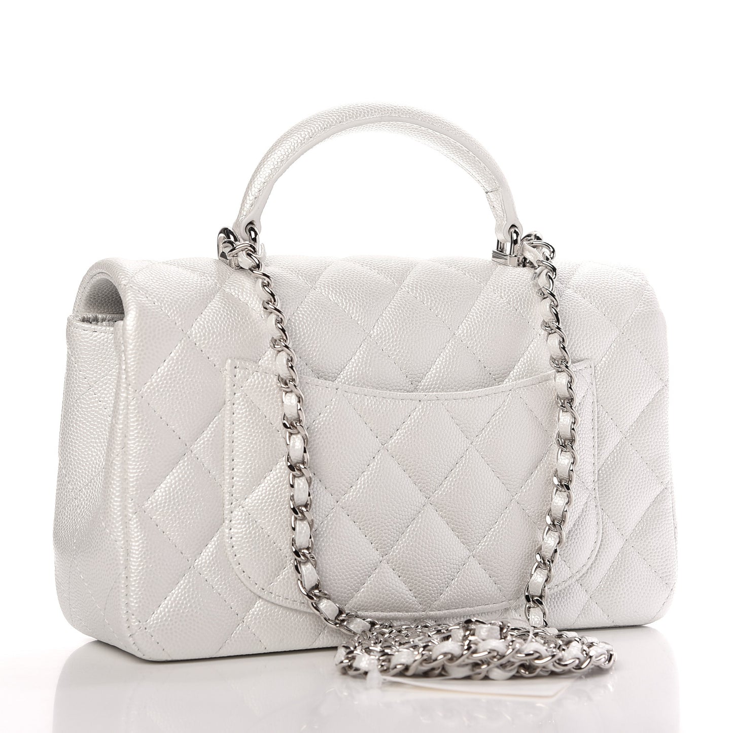 Iridescent Caviar Quilted Mini Top Handle Rectangular Flap White
