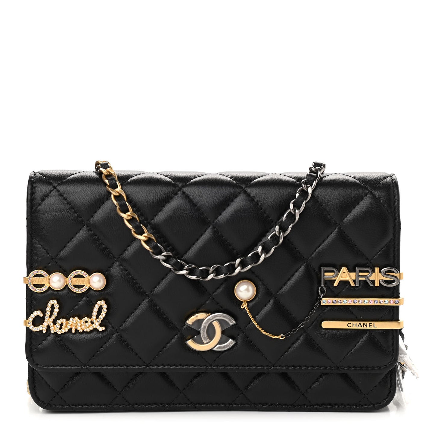 Lambskin Quilted Coco Clips Wallet On Chain WOC Black