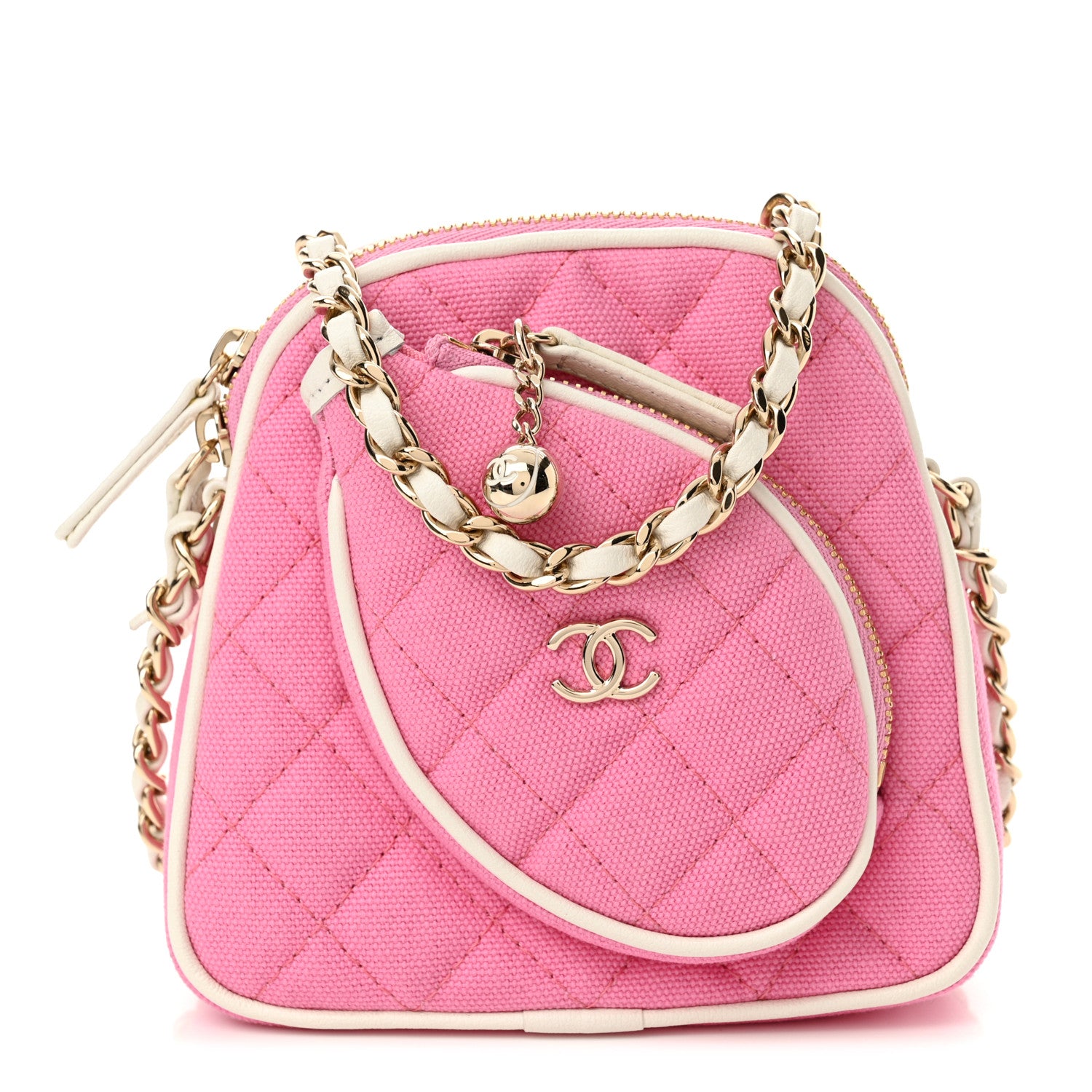 Chanel Canvas Calfskin Tennis Racket Clutch With Chain Pink White