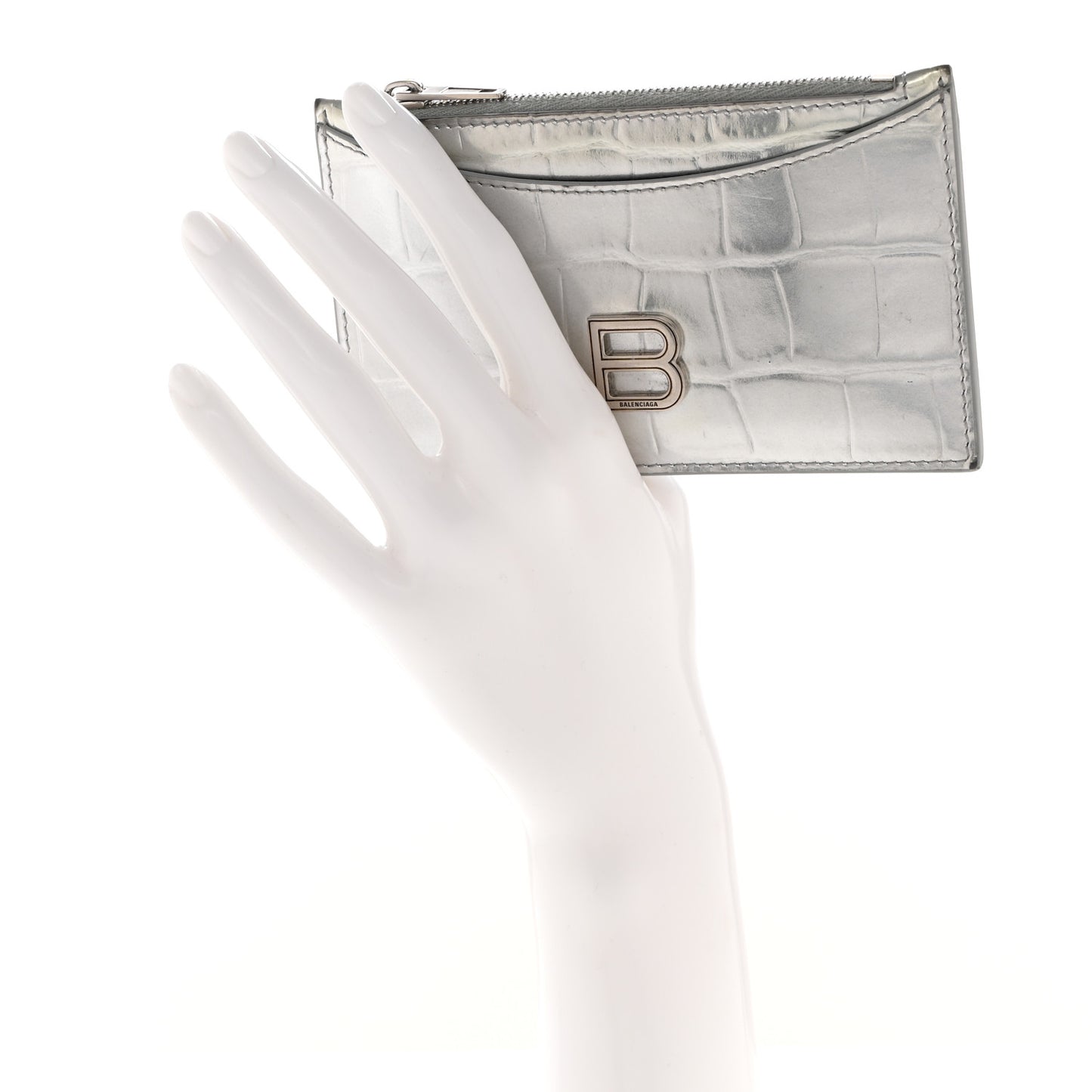 Metallic Calfskin Crocodile Embossed Hourglass Long Coin Case Card Holder Silver