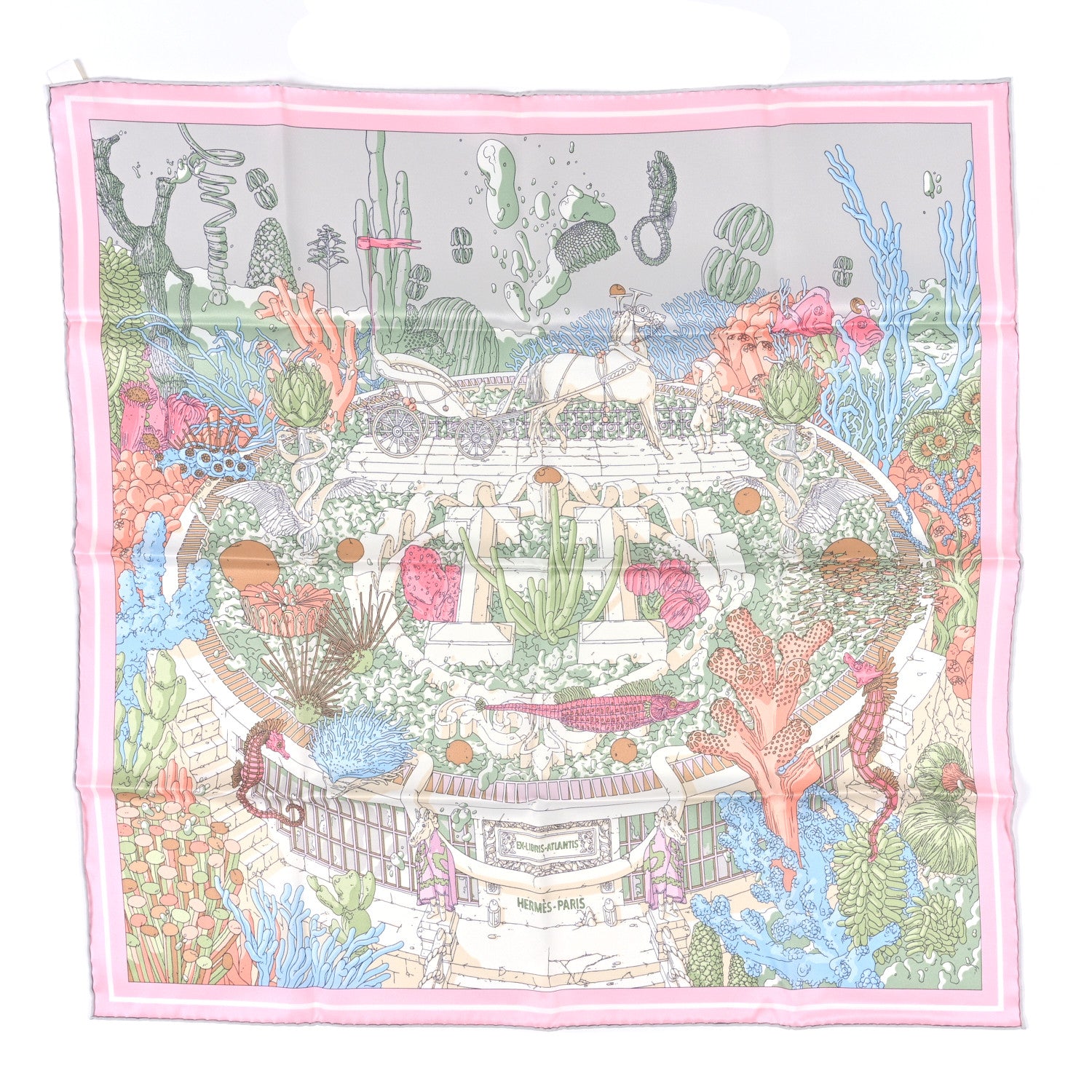 Hermes Silk Vintage Ex Libris Atlantis Scarf 70 Gris Perle Rose Pale 1 of 5