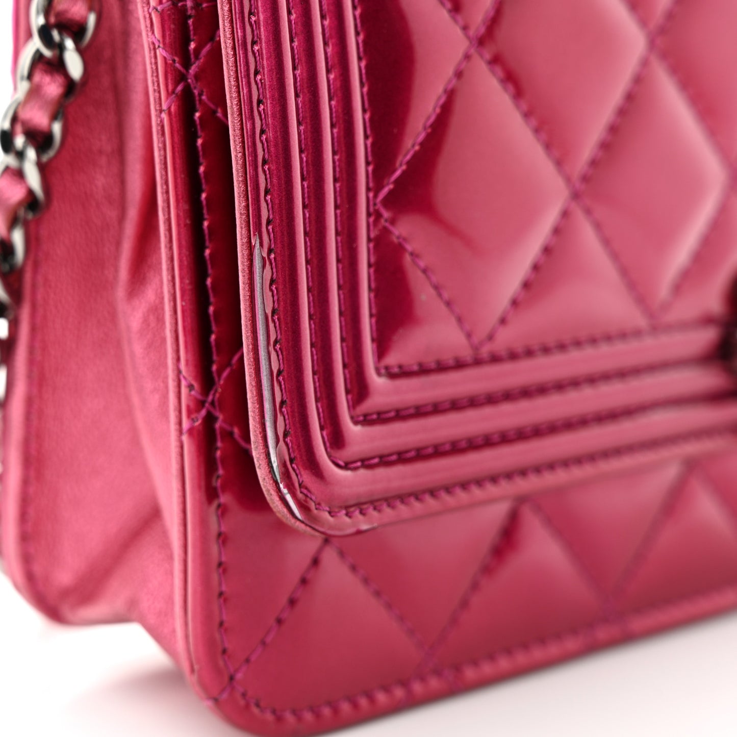 Metallic Patent Calfskin Quilted Boy Wallet on Chain WOC Fuchsia