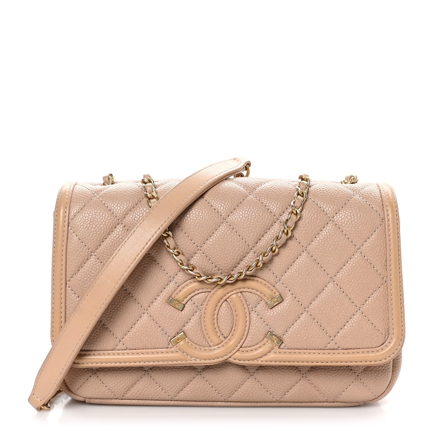 Caviar Quilted Small CC Filigree Flap Beige