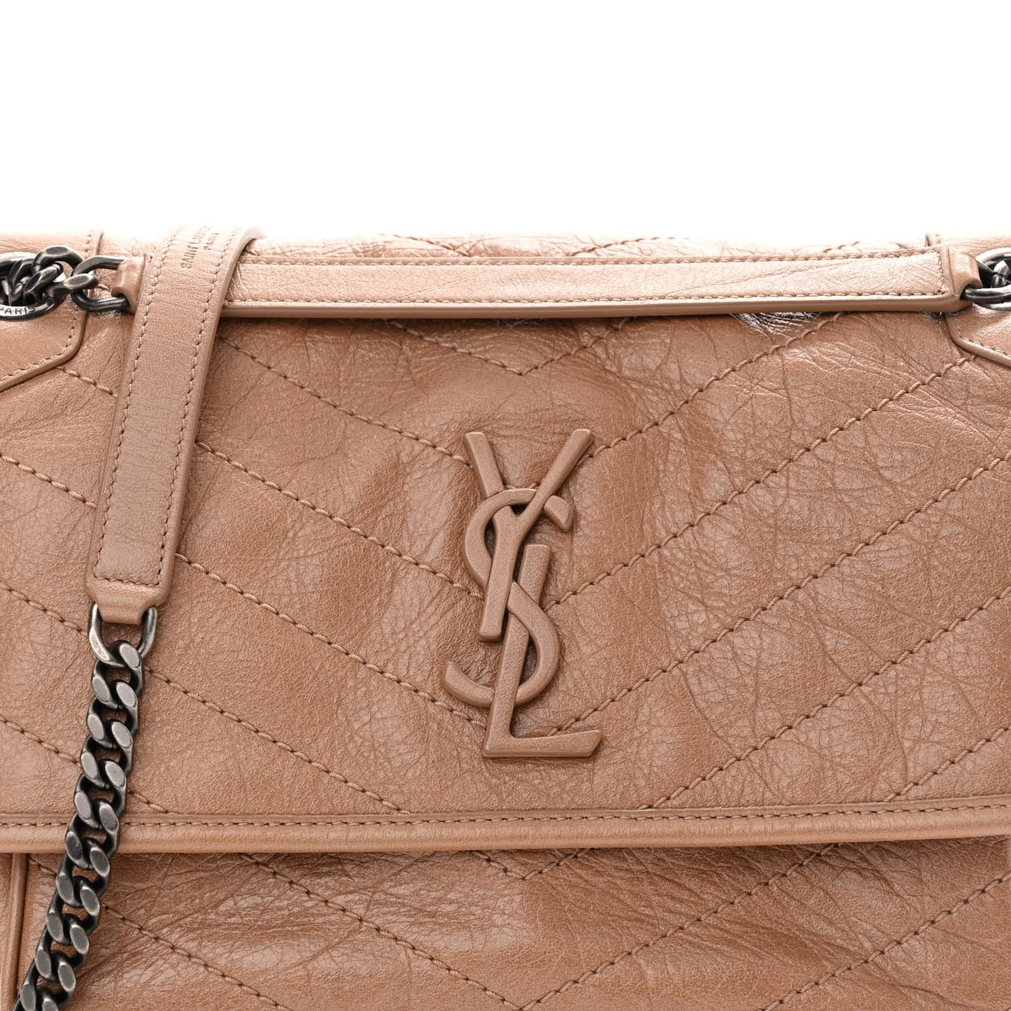 Crinkled Calfskin Matelasse Monogram Medium Niki Chain Satchel Dark Toffee