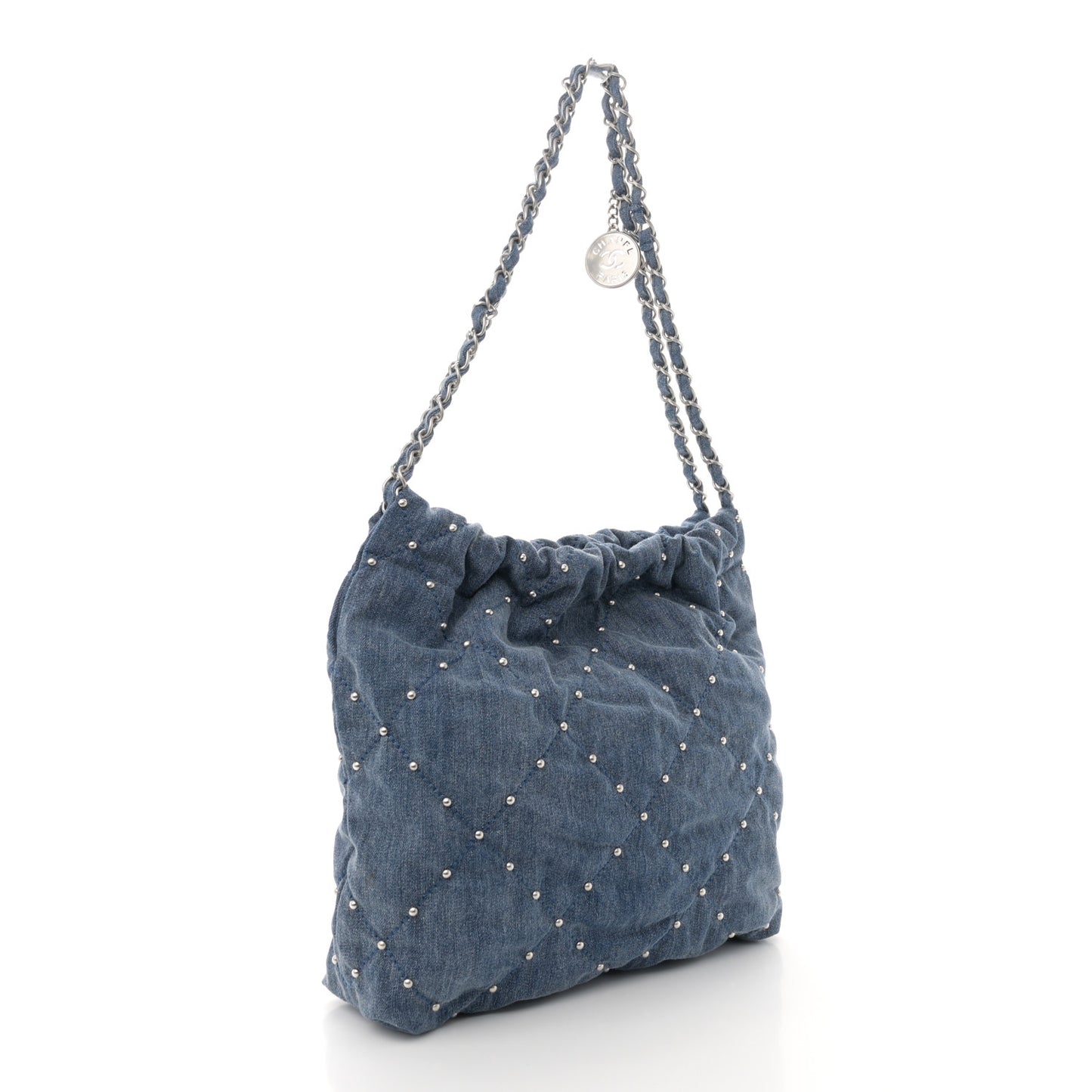Washed Denim Quilted Studded Small Chanel 22 Blue
