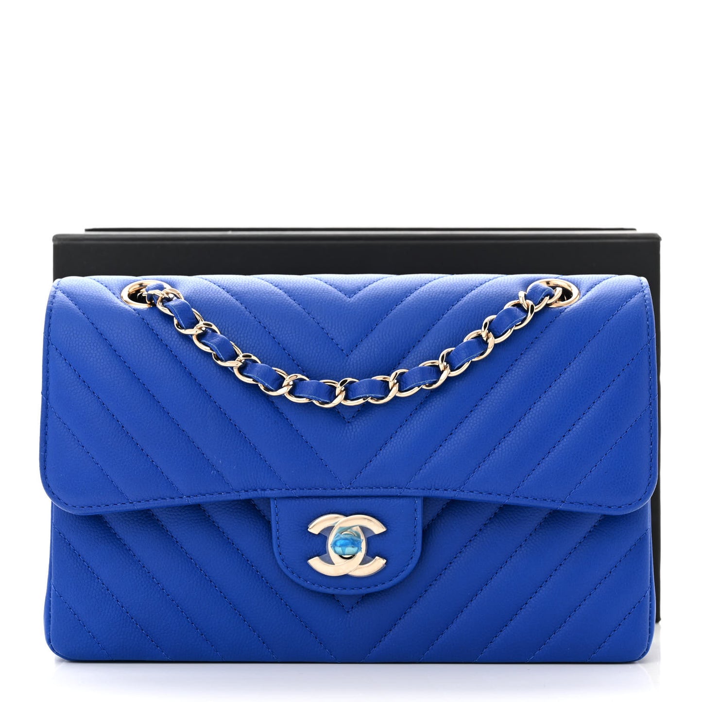 Caviar Chevron Quilted Small Double Flap Blue