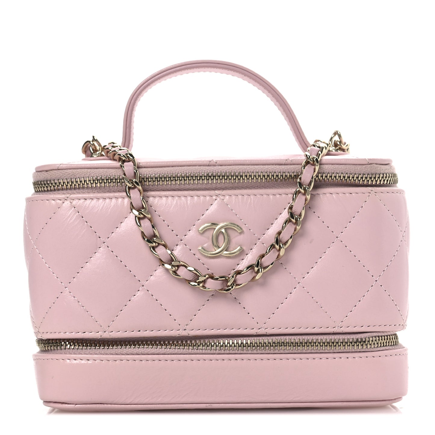 Shiny Lambskin Quilted Top Handle Vanity Case With Chain Pink