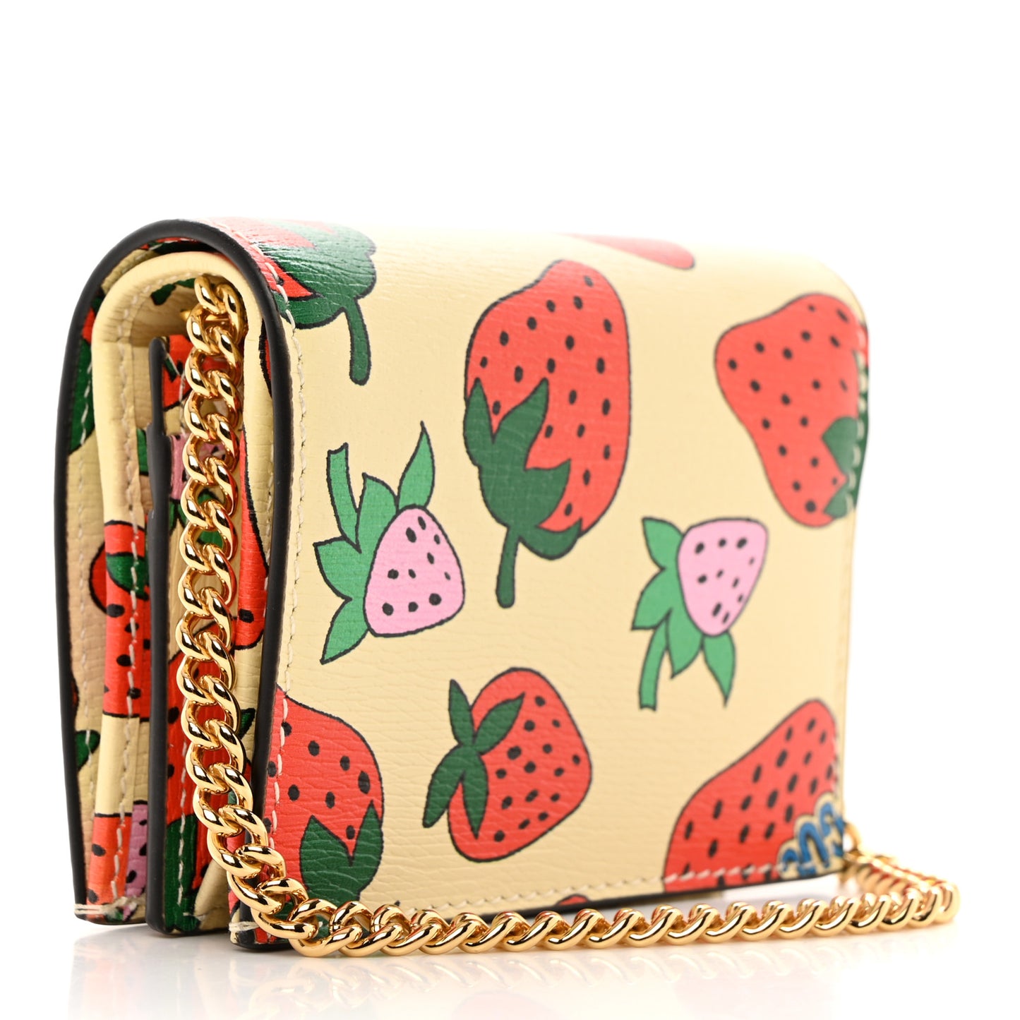 Calfskin Strawberry Print Zumi Chain Card Case Wallet Ivory Red