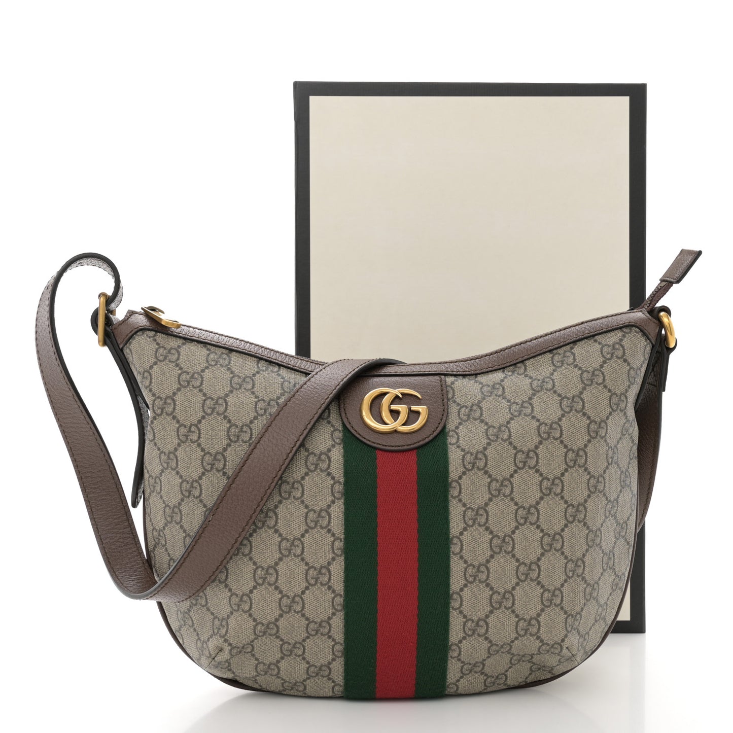 GG Supreme Monogram Web Small Ophidia Half Moon Hobo Brown