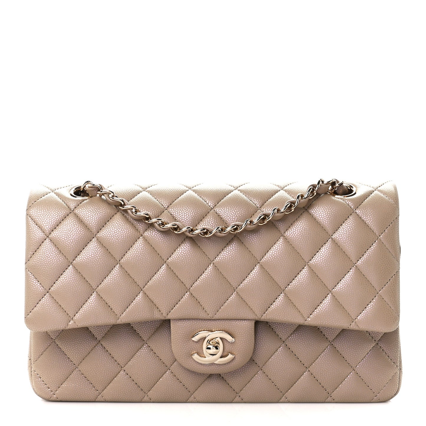 Iridescent Caviar Quilted Medium Double Flap Dark Beige