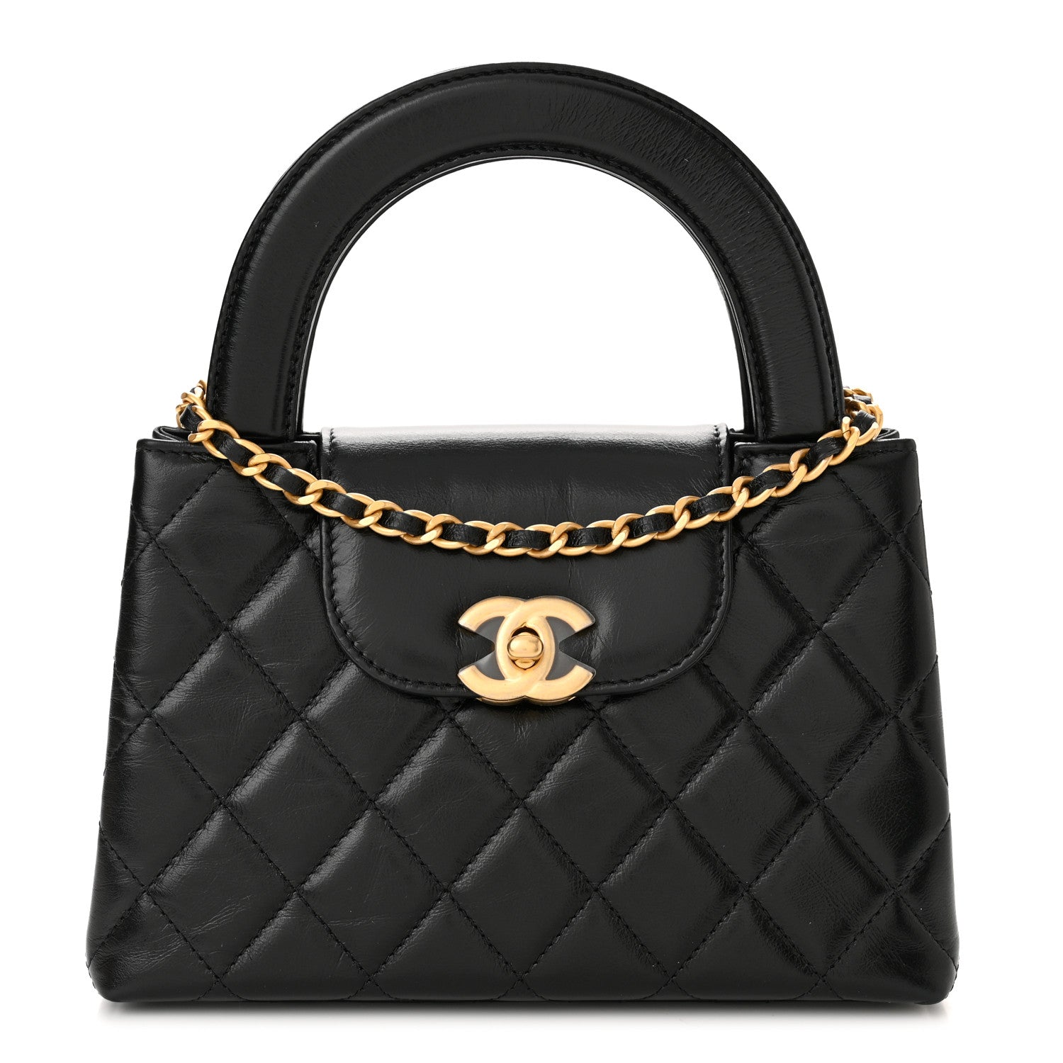 Chanel Shiny Aged Calfskin Quilted Nano Kelly Shopper Black