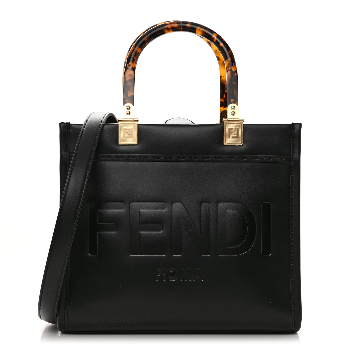 Vitello King Plexiglass Logo Embossed Small Fendi Sunshine Shopper Tote Black