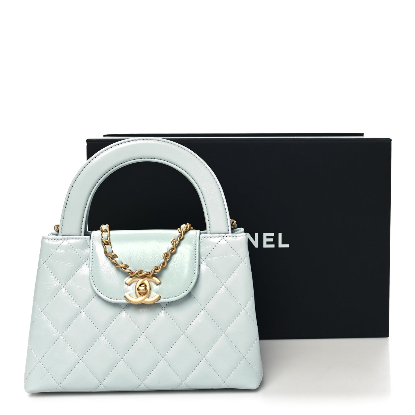 Shiny Aged Calfskin Quilted Nano Kelly Shopper Light Blue