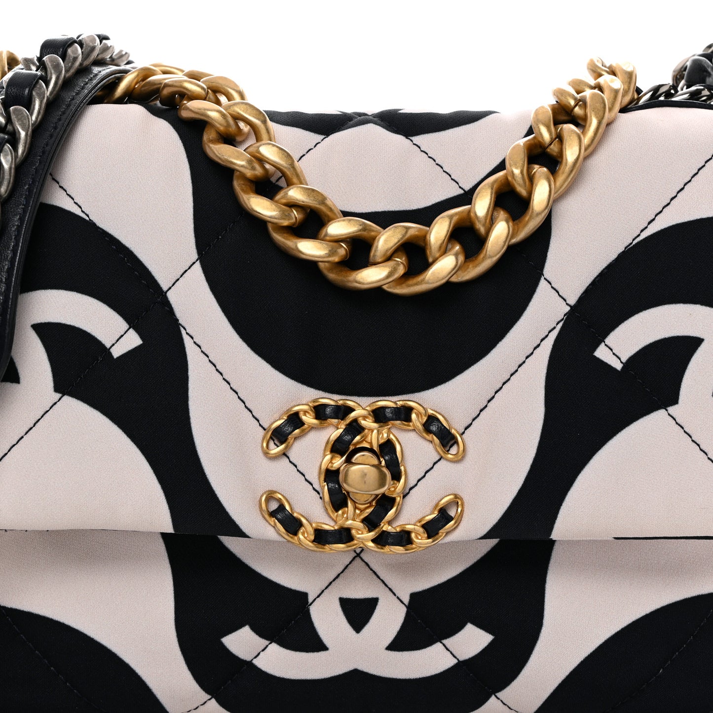 Fabric Printed Large Chanel 19 Flap Black Ecru