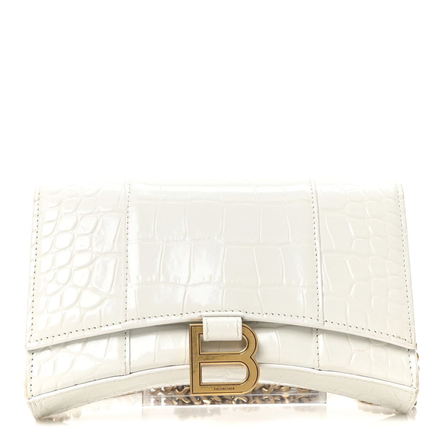 Shiny Calfskin Crocodile Embossed Hourglass Chain Bag White