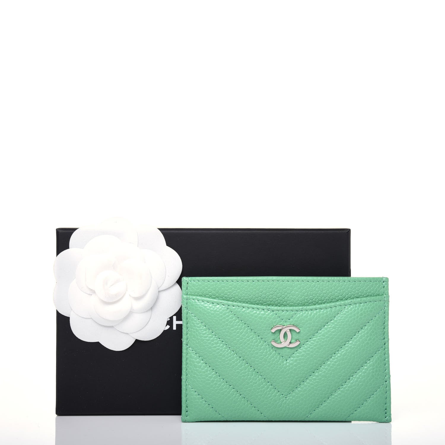 Chanel Caviar Chevron Quilted Card Holder Light Green 12 of 12