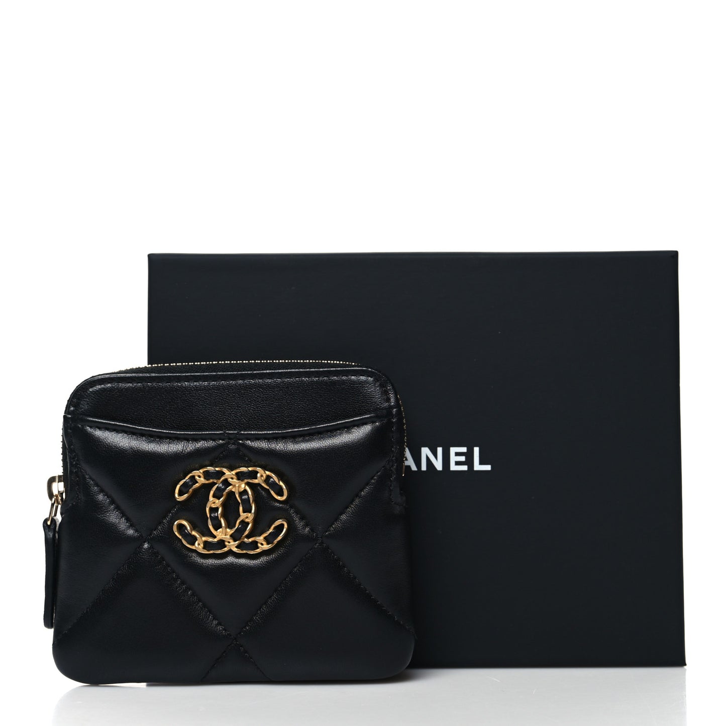 Lambskin Quilted Chanel 19 Zip Card Holder Wallet Black