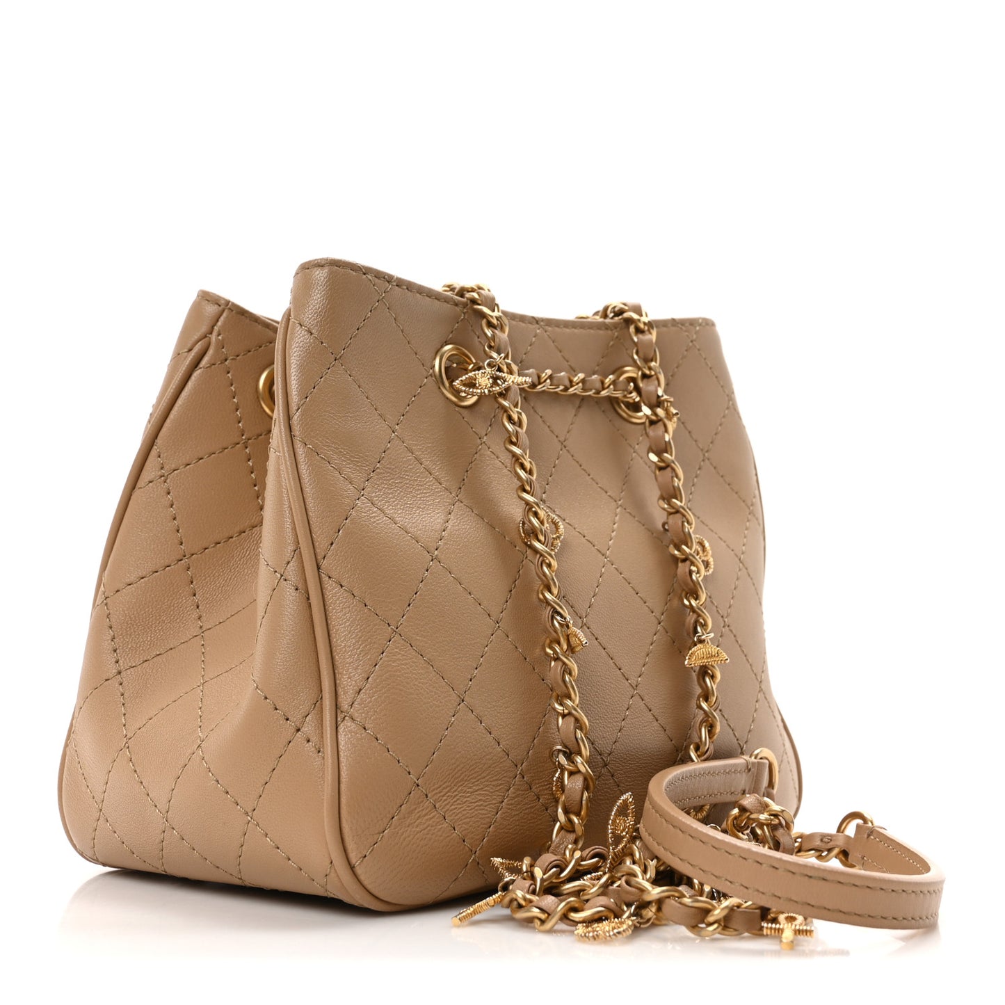 Calfskin Stitched Small Egyptian Amulet Drawstring Bag Beige