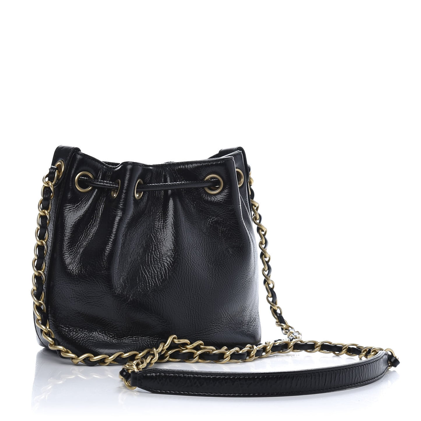 Shiny Aged Calfskin CC Chain Mini Drawstring Bag Black
