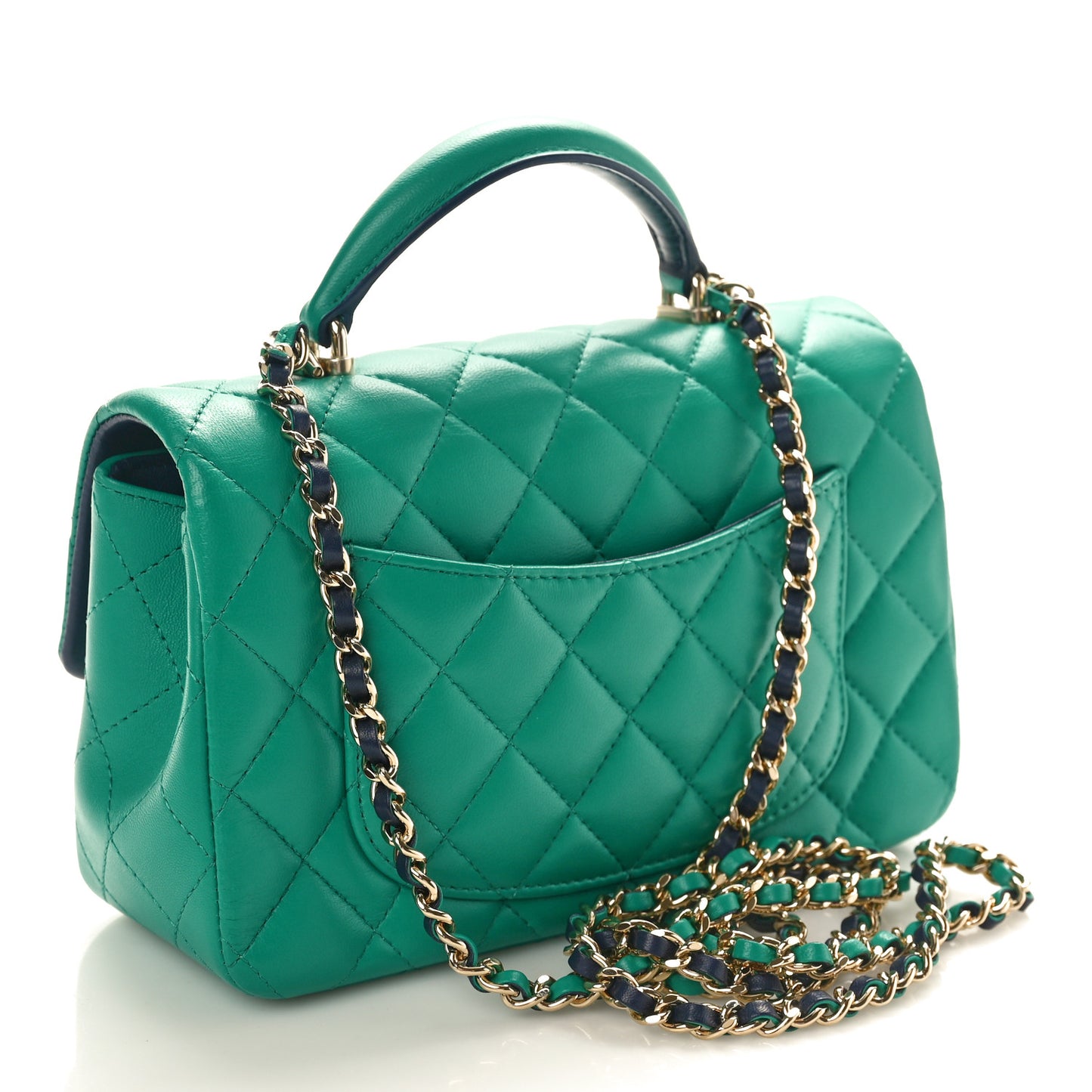 Lambskin Quilted Mini Top Handle Rectangular Flap Green Dark Blue