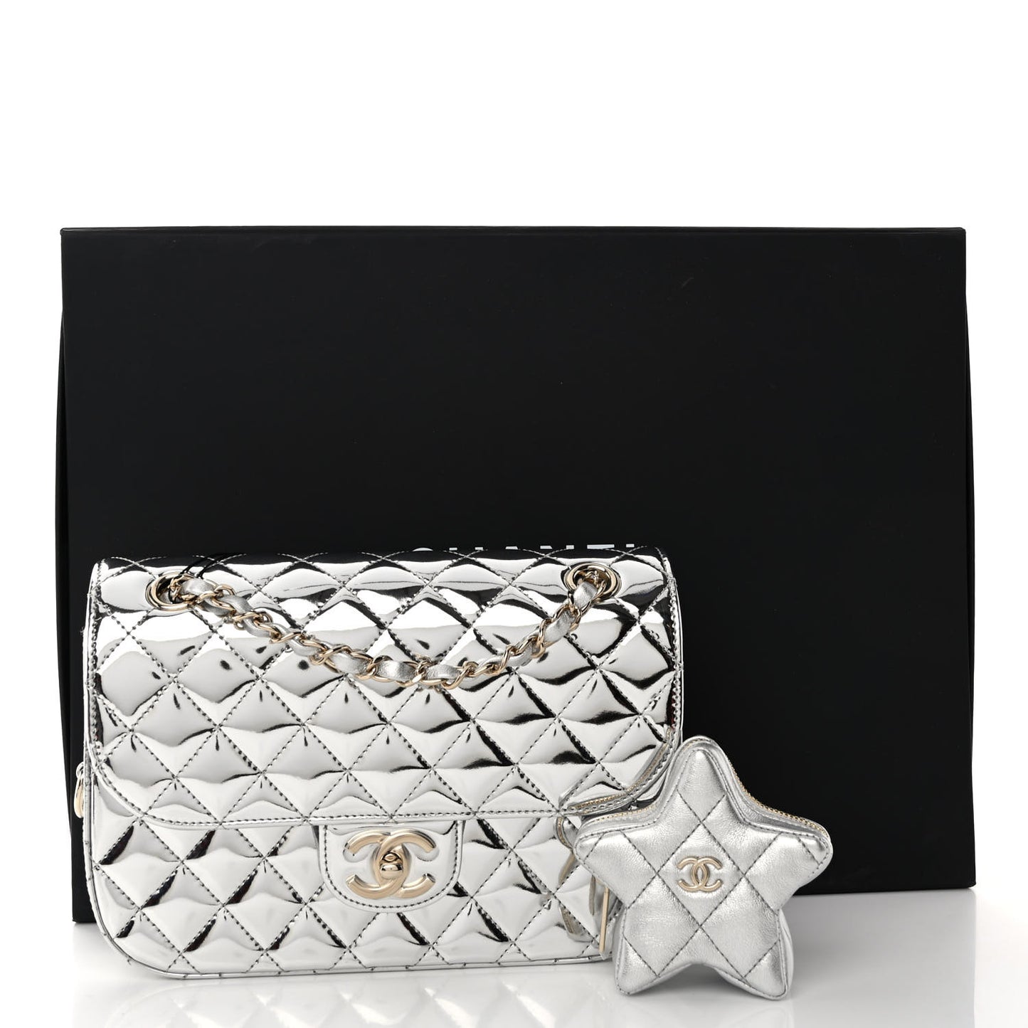 Mirror Calfskin Metallic Calfskin Medium Hollywood Boulevard Flap With Star Coin Purse Silvery