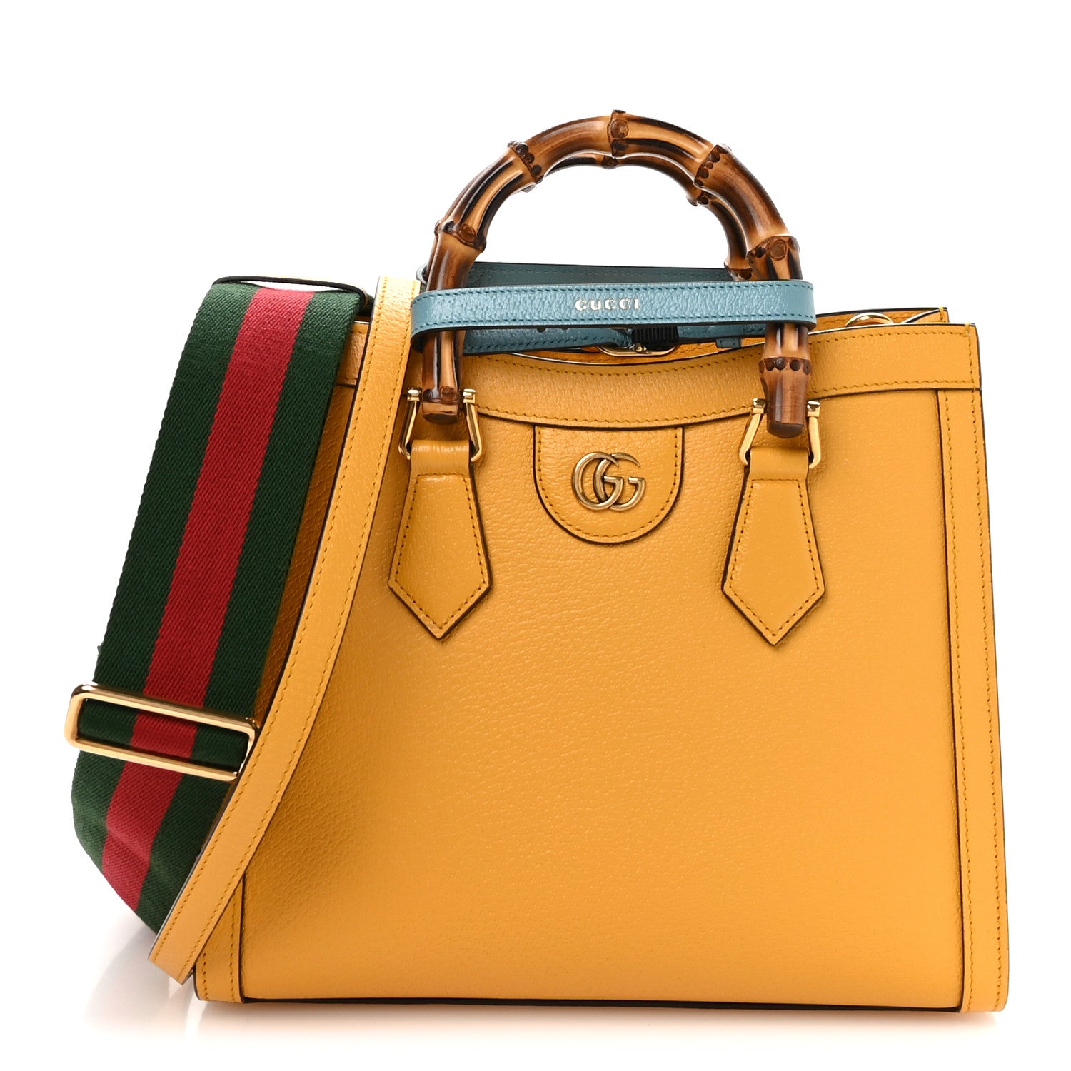 Gucci Textured Dollar Calfskin Web Small Diana Tote Bag Yellow